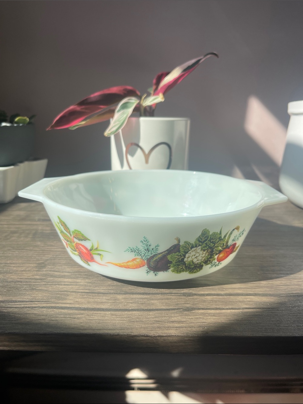 Vintage  pyrex  White Glass Covered Casserole Dish with Vegetable Décor